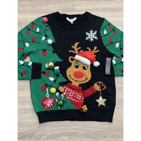 NoBo Christmas Reindeer Jingle Bells 3D Ornaments Lights Sweater Sz LG JUNIOR - Picture 1 of 7